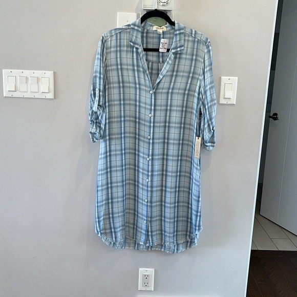 Bella Dahl Blue Plaid Long Sleeve Shirt Dress NWT - Picture 2 of 7